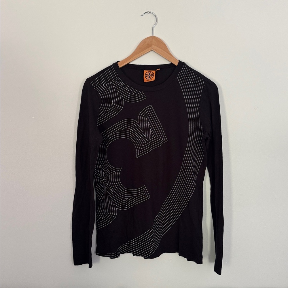 Tory Burch Black long sleeve Top with white embroidered logo